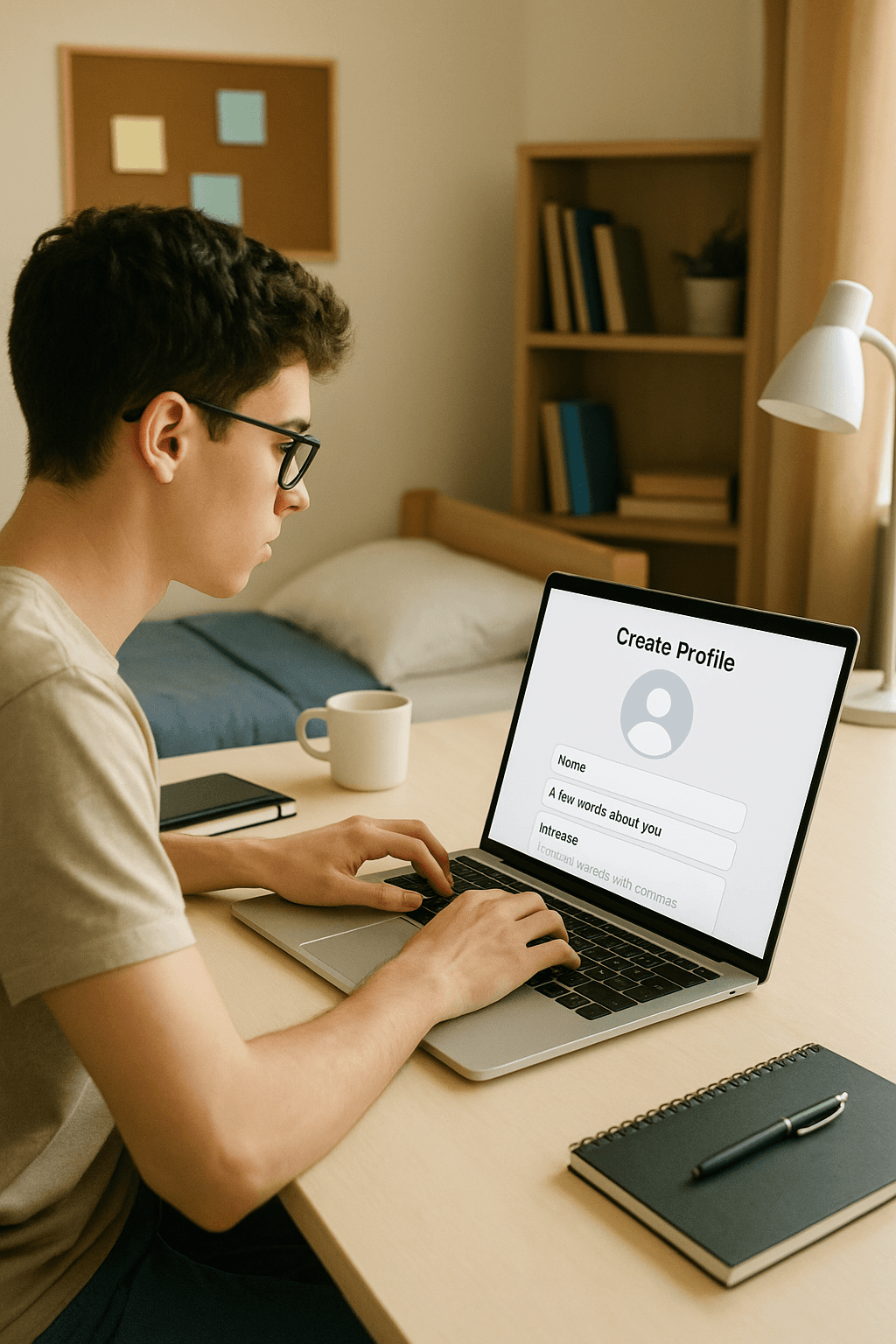 Student creating profile on laptop